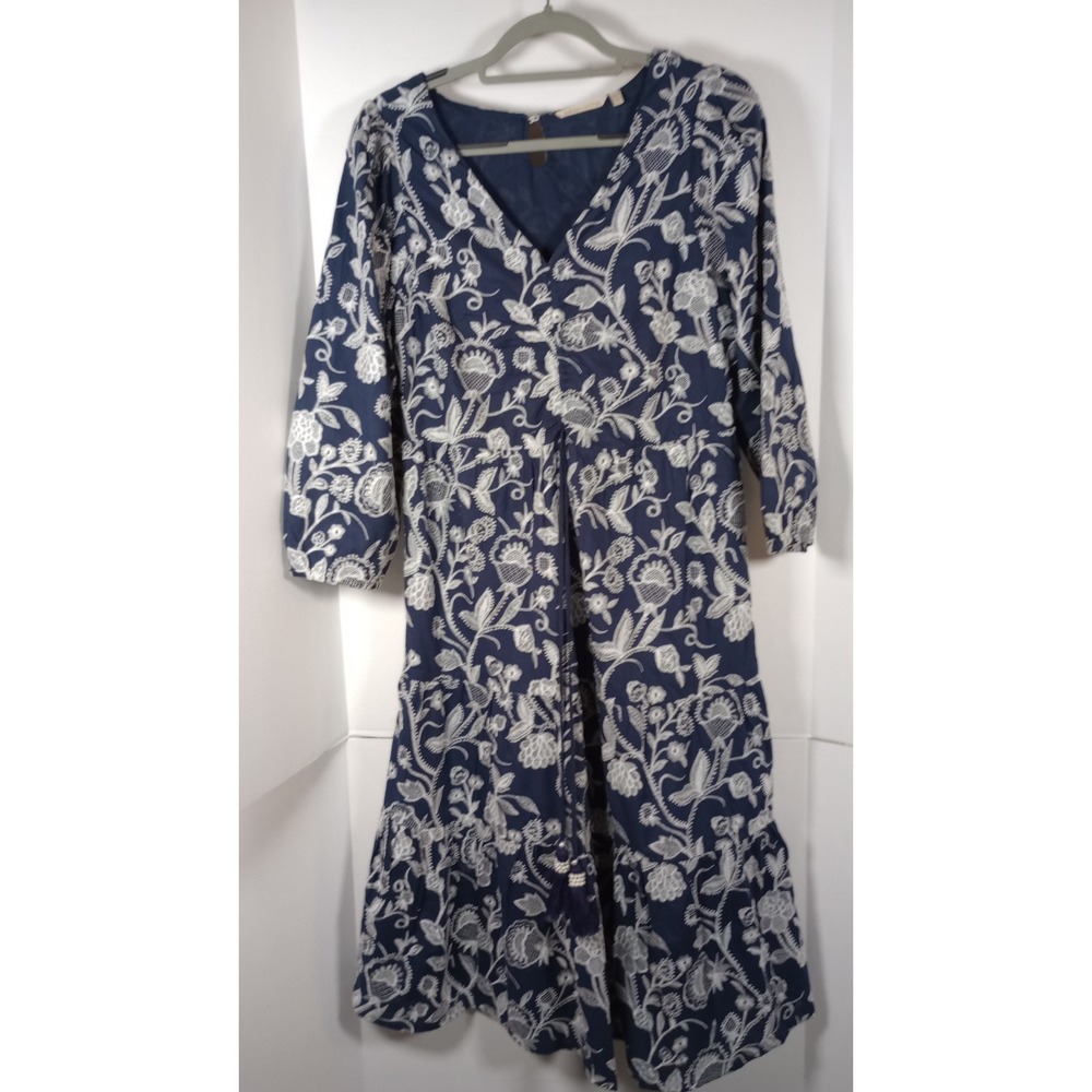 Soft Surroundings Tilda Blue Embroidered Cotton Tassel Boho Midi Dress Sz M
